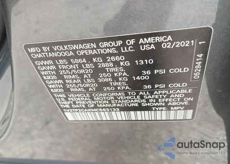 2021 Volkswagen Atlas 2.0T Sel Premium из США, поврежденный, VIN 1V2TP2CAXMC563133